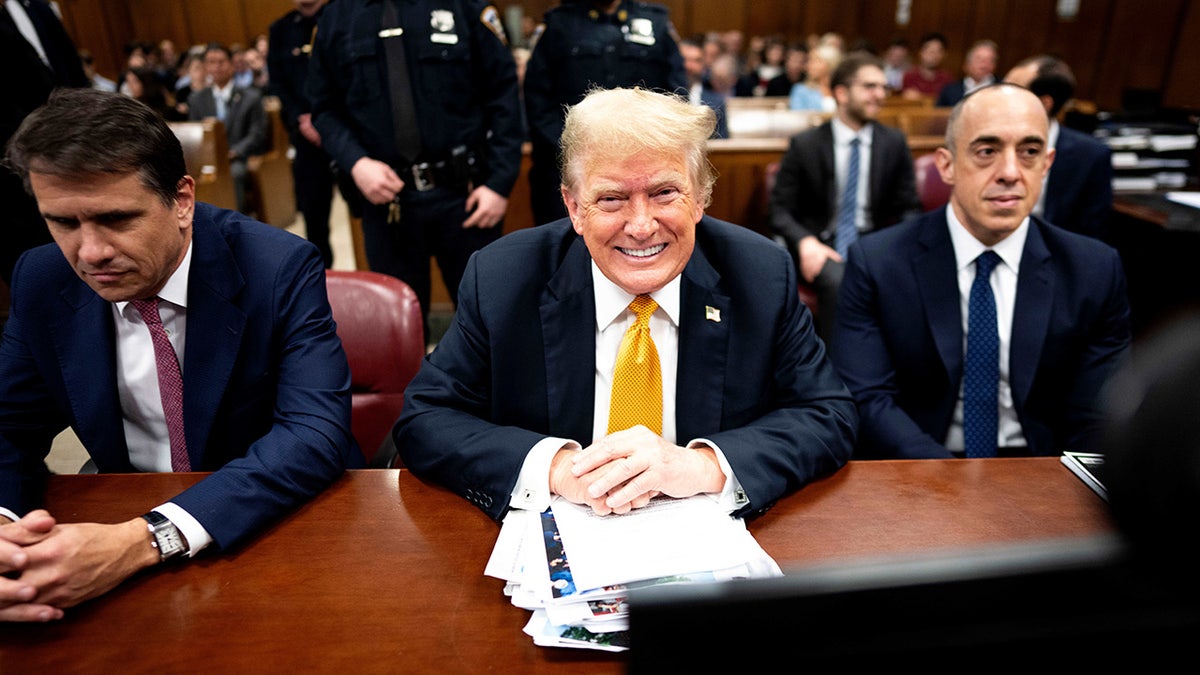 Emil Bove, Donald Trump, Todd Blanche during Trump's hush money trial