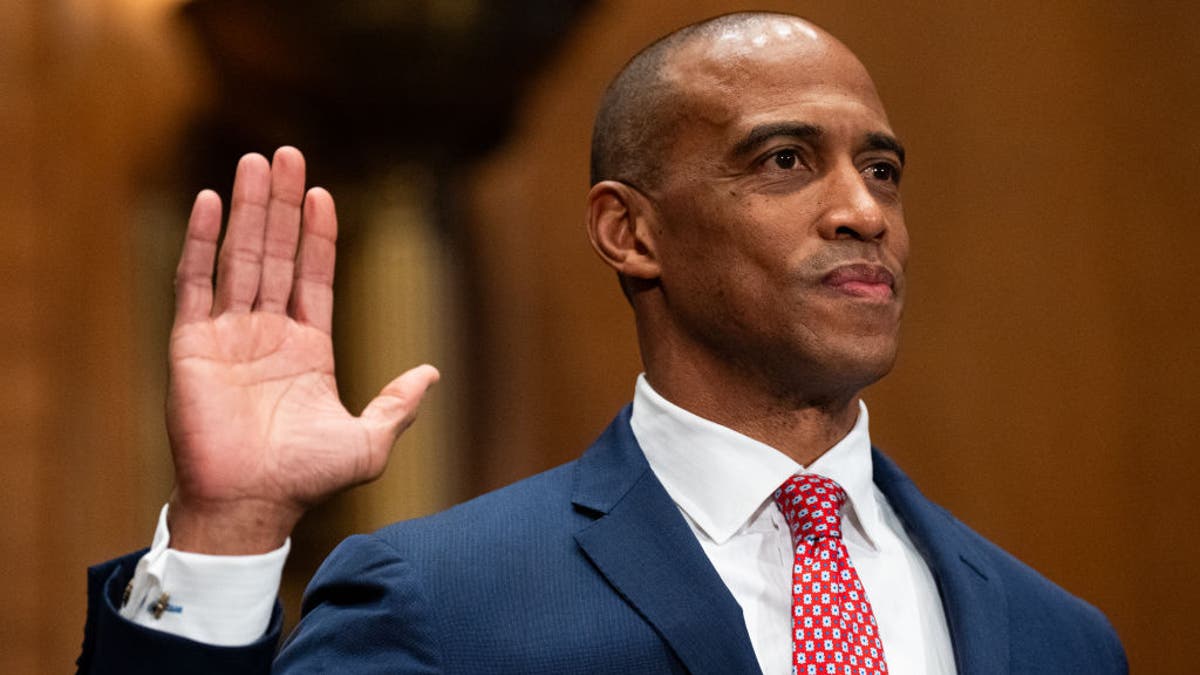 Secretary of Housing and Urban Development nominee Scott Turner is sworn in during his Senate confirmation hearing on Jan. 16, 2025. (Bill Clark/CQ-Roll Call, Inc via Getty Images)