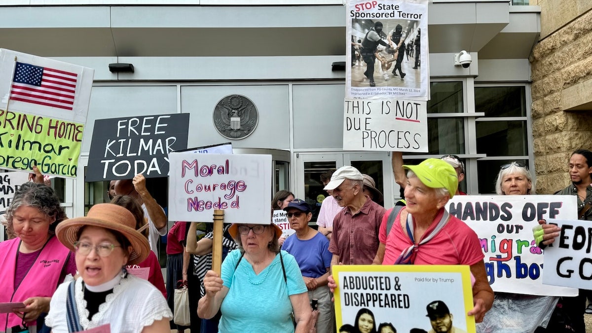 Demonstrators gather outside the U.S. District Court in Greenbelt, Maryland, to protest the Trump administration's deportation of Kilmar Abrego Garcia, who was sent to El Salvador in March in what administration officials said was an administrative error, on July 7, 2025. (Breanne Deppisch/Fox News Digital)