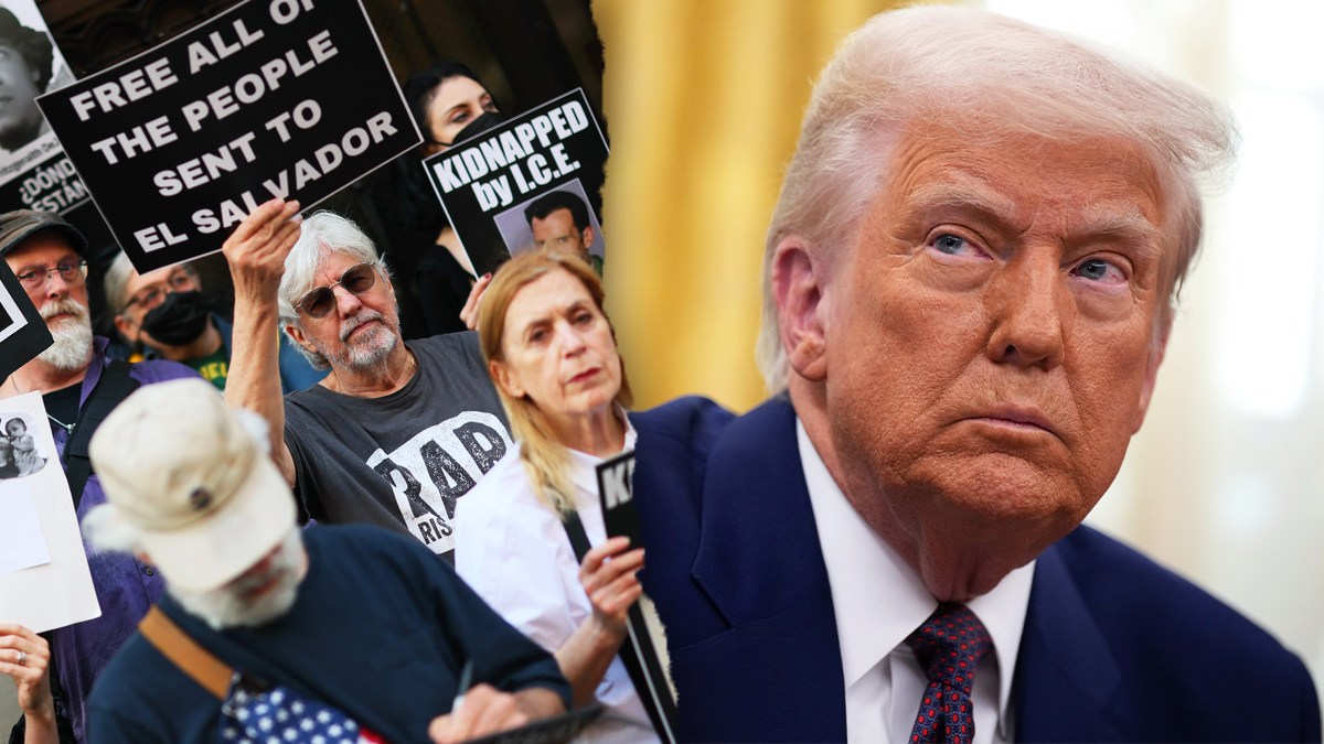 Composite photo of people protesting President Donald Trump's immigration policies and Trump himself. 