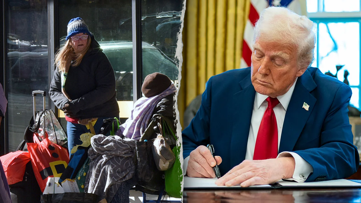 President Donald Trump and homeless encampment