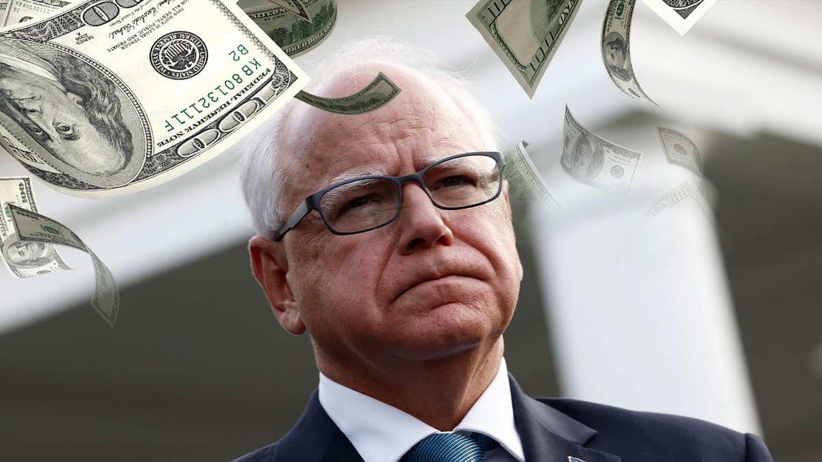 Tim Walz with falling money photo illustration