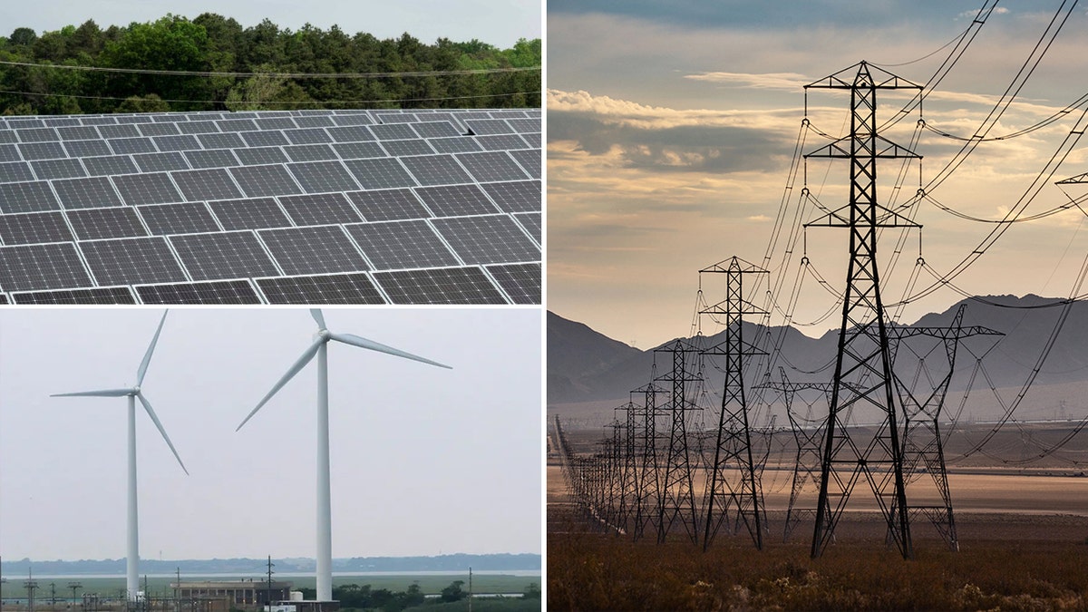 solar farm top left, bottom left windmills; right: transmission lines