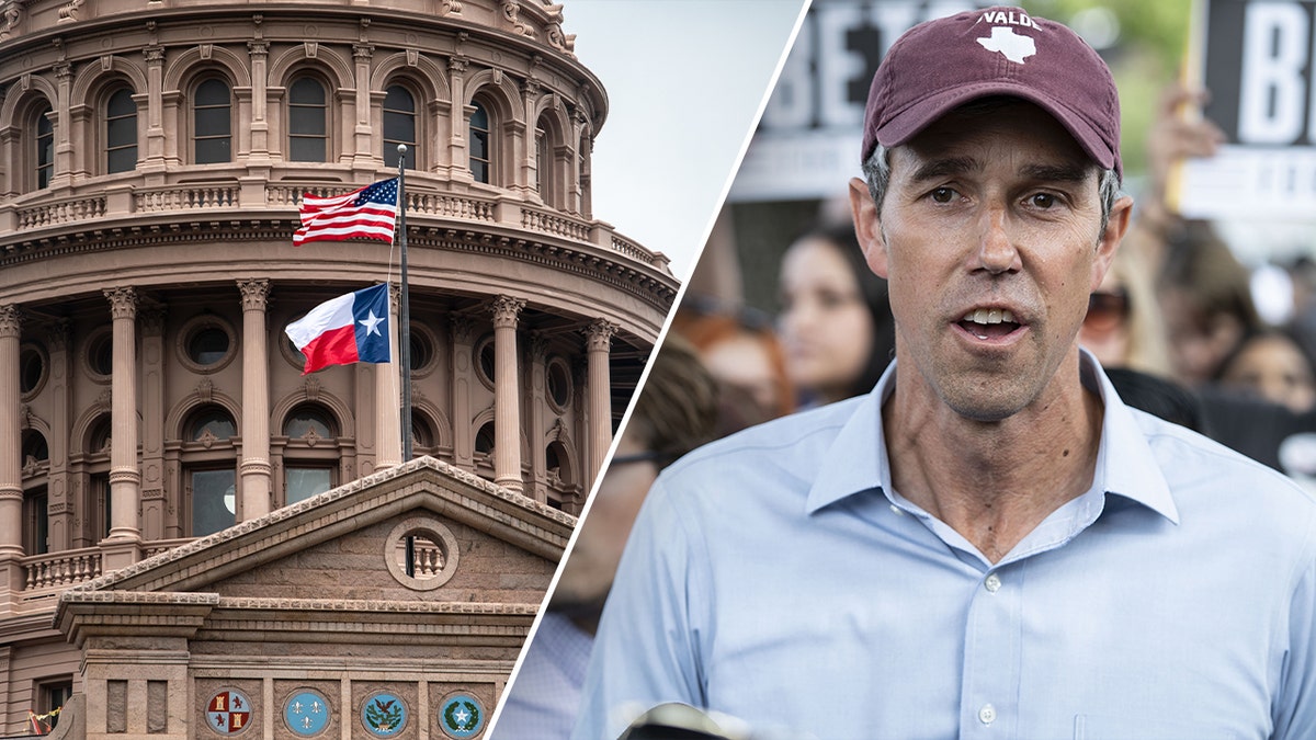Beto O'Rourke next to the Texas state capitol building