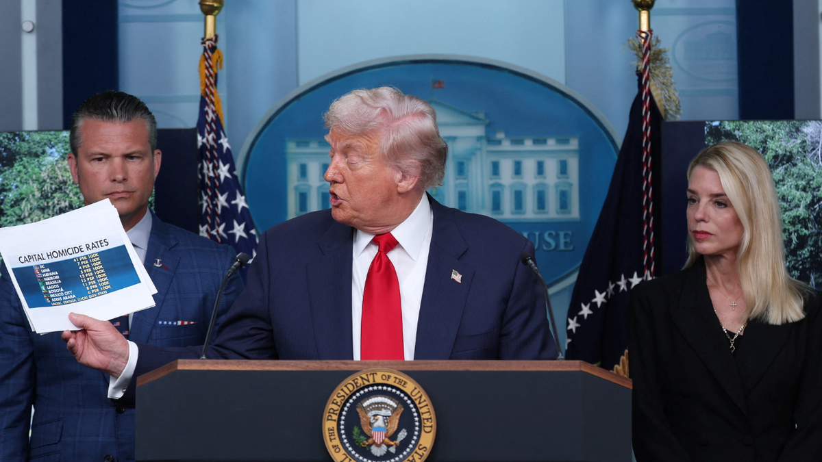 U.S. President Donald Trump speaks to the press, accompanied by U.S. Attorney General Pam Bondi and U.S. Defense Secretary Pete Hegseth, about deploying federal law enforcement agents in Washington to bolster the local police presence, in the Press Briefing Room at the White House, in Washington D.C., U.S., August 11, 2025. (Jonathan Ernst/Reuters)