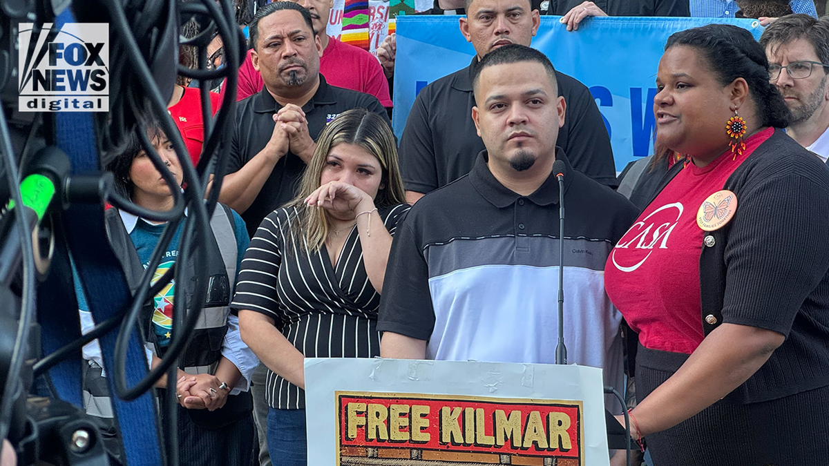 Kilmar Abrego Garcia speaks at podium