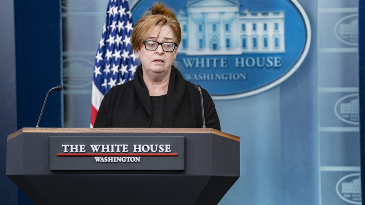 Patty Morin, mother of homicide victim Rachel Morin, speaks during a White House press conference on April 16, 2025, standing beside Karoline Leavitt, White House Press Secretary. (Photo by Andrew Thomas / Middle East Images / Middle East Images via AFP) (Photo by ANDREW THOMAS/Middle East Images/AFP via Getty Images)