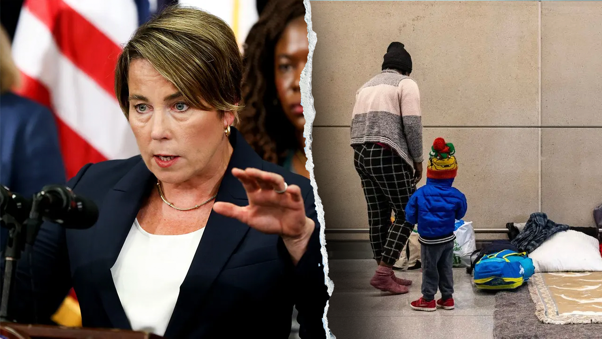 Healey, left; migrants at Logan airport, right