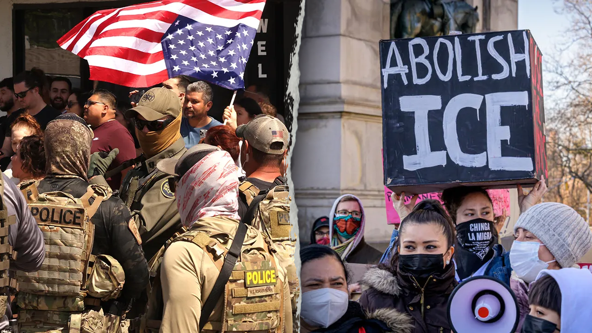ICE agents and anti-ICE protesters.