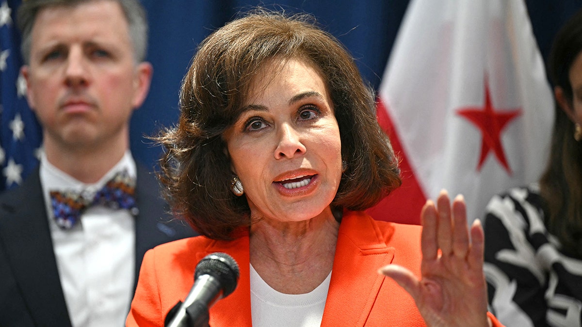 Interim US Attorney Jeanine Pirro speaks during a press update on a shooting the night before, of two Israeli embassy staffers, at the US Department of Justice in Washington, DC, on May 22, 2025. 