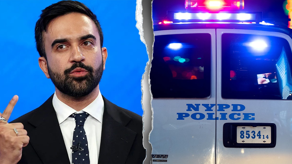 Mamdani from debate closeup; NYPD vehicle with lights on