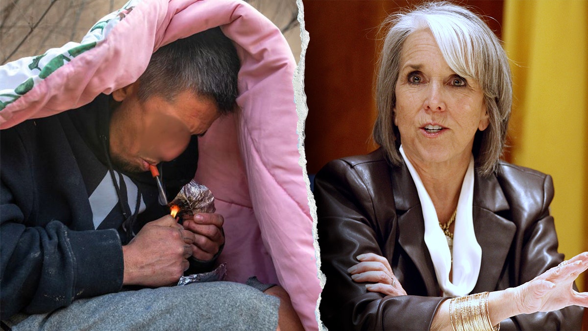 A man smokes fentanyl in in Española, New Mexico and New Mexico Gov. Michelle Lujan Grisham speaking.