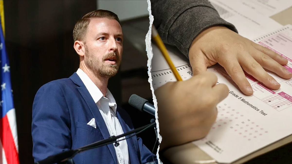 Ryan Walters, left; student with test, right