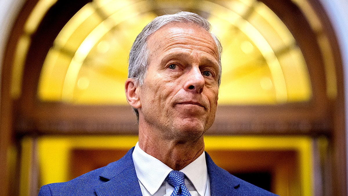 Senate Majority Leader John Thune speaks to reporters after the Senate passed President Trump’s 