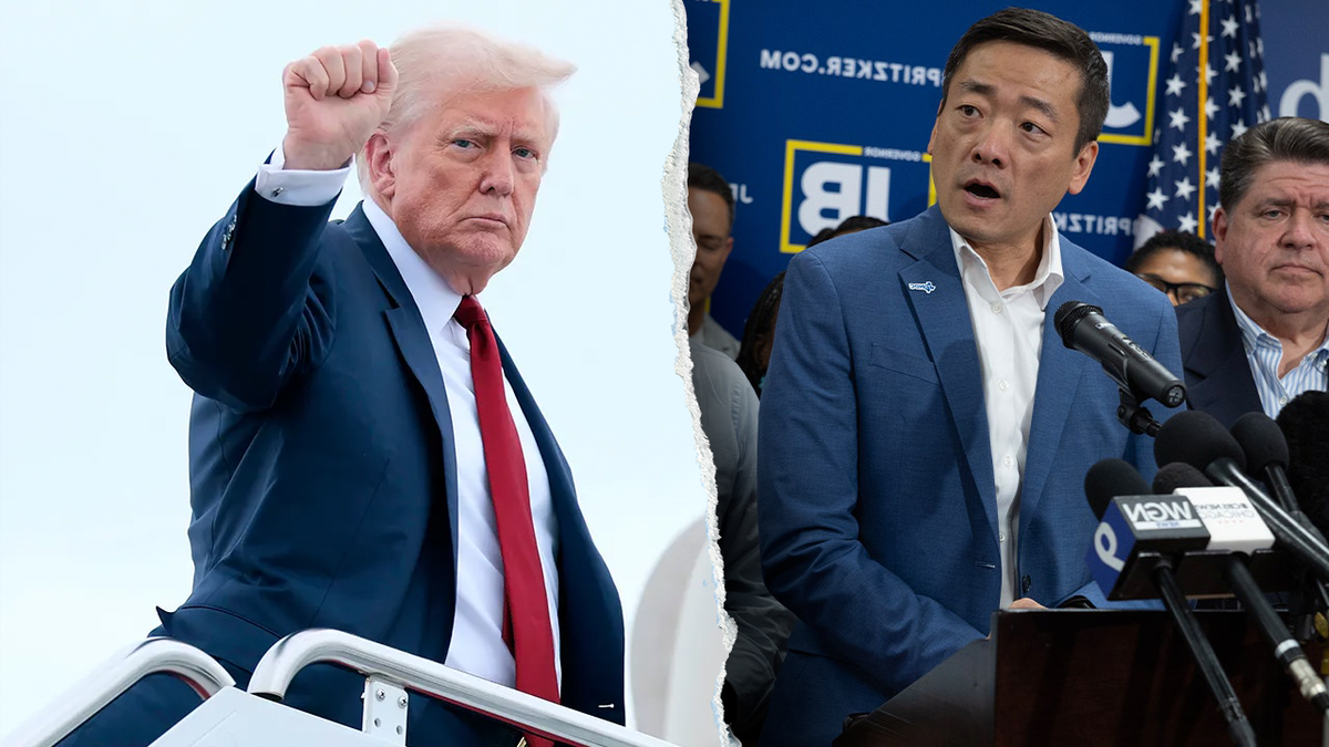 President Donald Trump left; Texas Dems in press conference, right