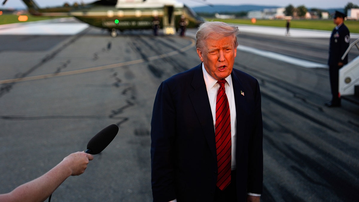 Trump speaks to reporters by Marine One