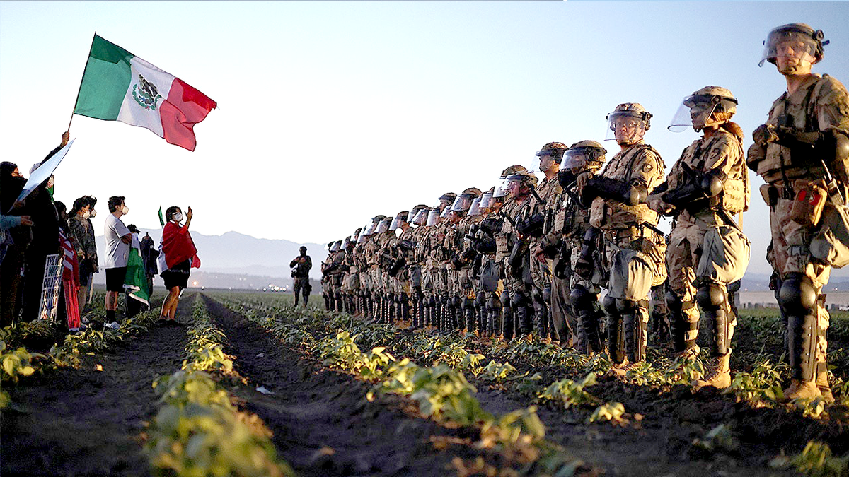 National Guard troops block protesters from an ICE raid at a nearby cannabis farm in California.