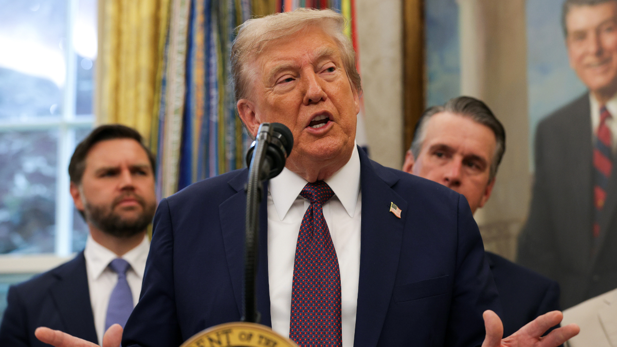 U.S. President Donald Trump speaks to reporters in the Oval Office