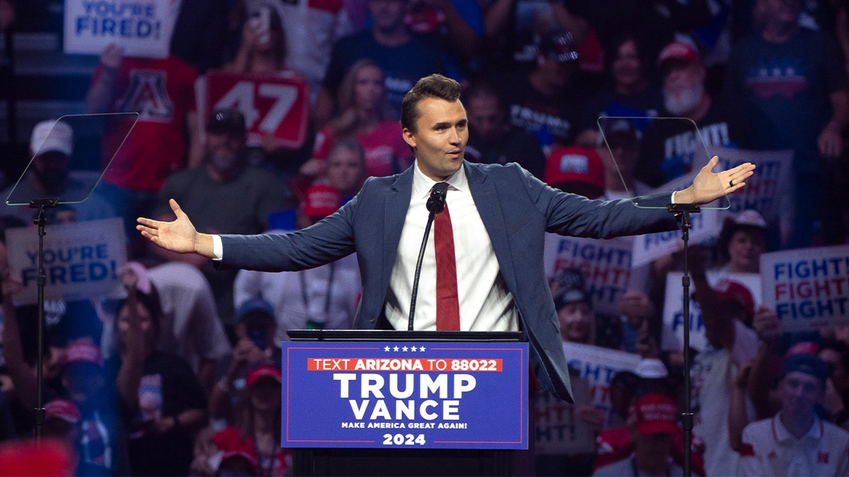 charlie kirk speaks at donald trump, jd vance campaign rally