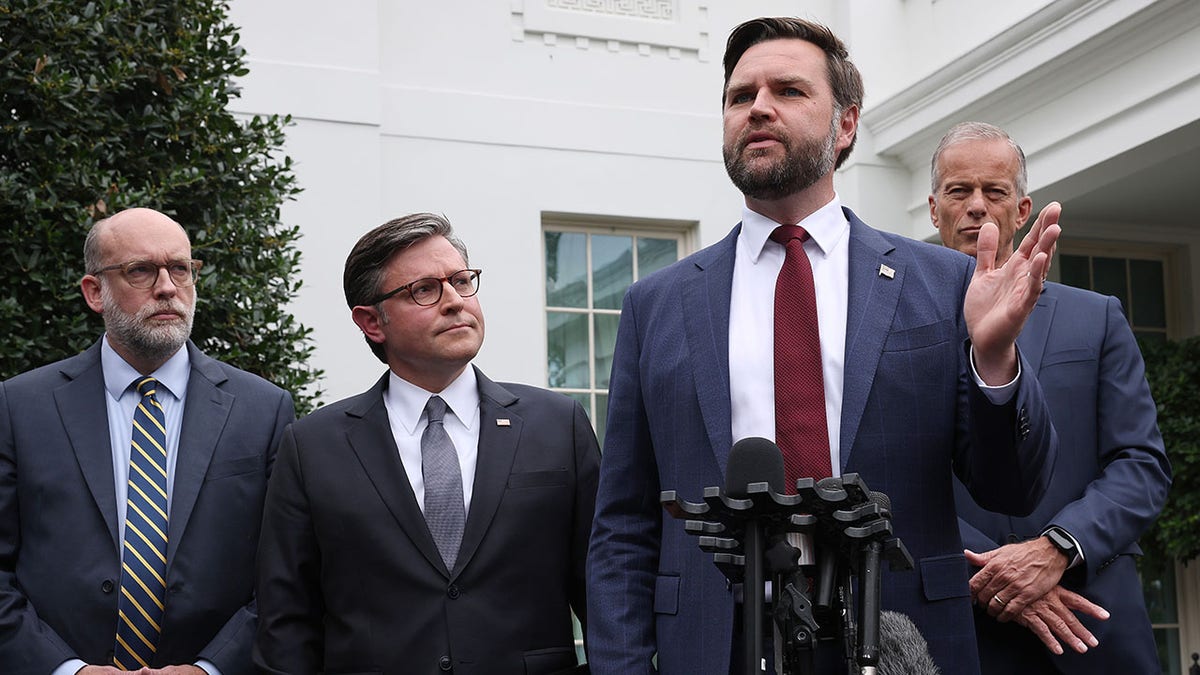OMB Director Russell Vought, House Speaker Mike Johnson, Vice President JD Vance and Senate Majority Leader John Thune outside of the White House.