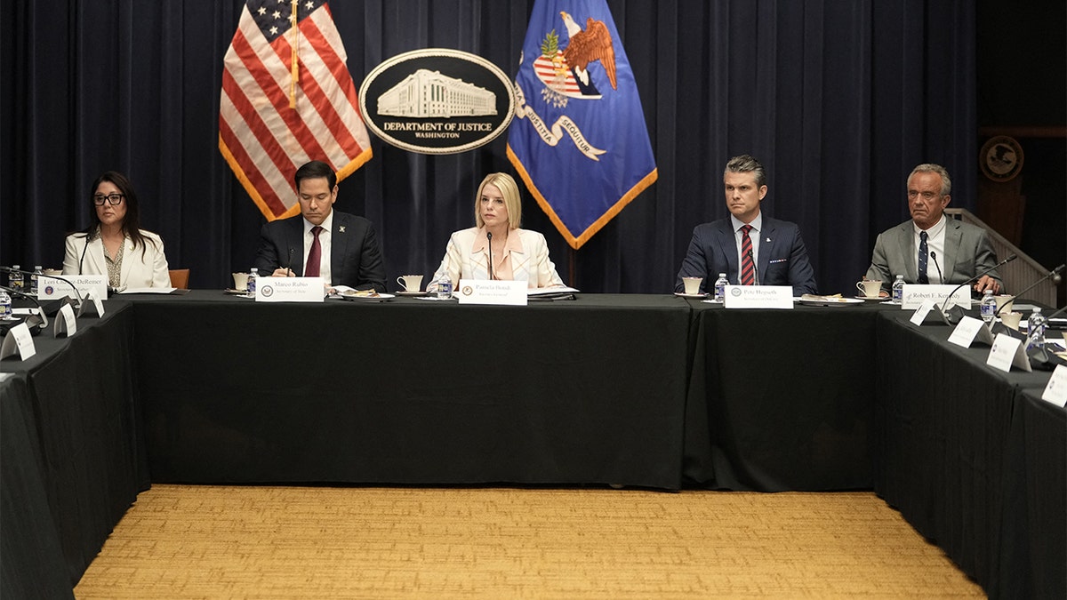 Attorney General Pam Bondi speaks during a meeting about the Task Force for Eradicating Anti-Christian Bias at the Department of Justice headquarters in Washington, April 22, 2025. 