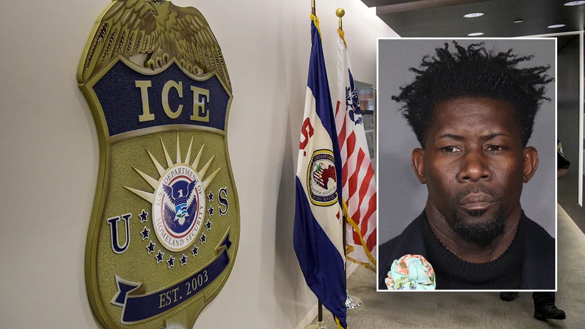 Ian Roberts mugshot and an ICE badge