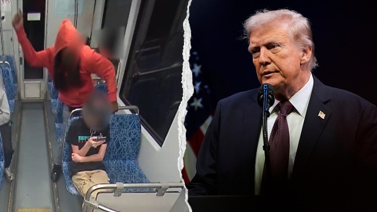 Suspect in the motion of stabbing the victim aboard the train split with a photo of Trump looking somber