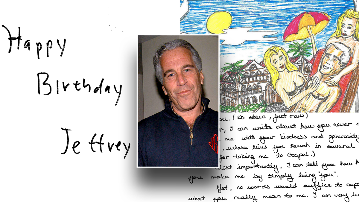 A collection of notes and drawings from the Jeffrey Epstein birthday book