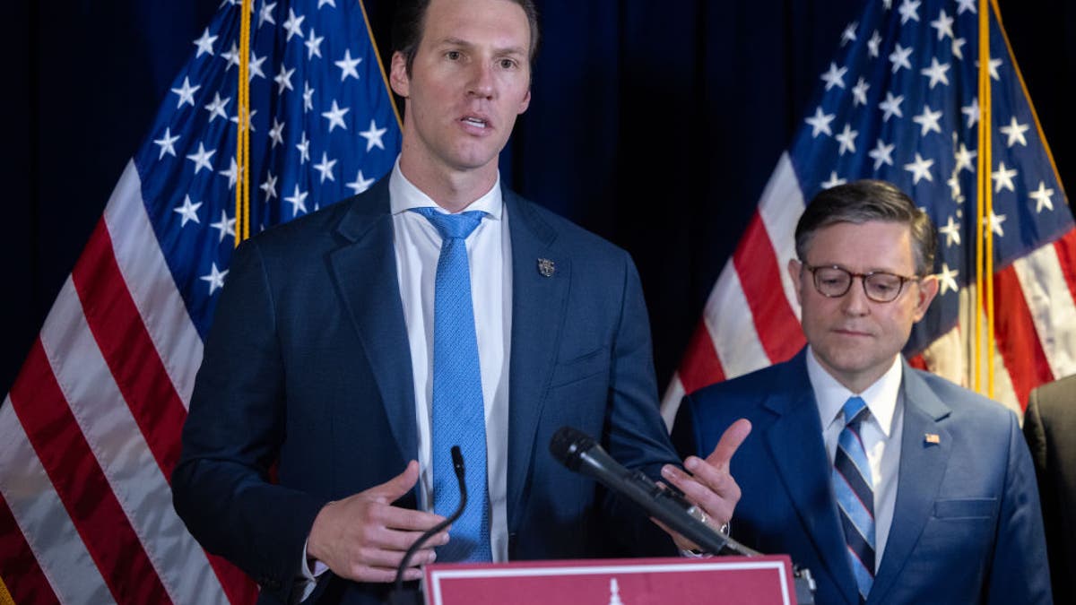 Congressman Pat Harrigan (R-NC) speaks at a press conference with members of House Republican leadership in Washington, DC on March 25, 2025