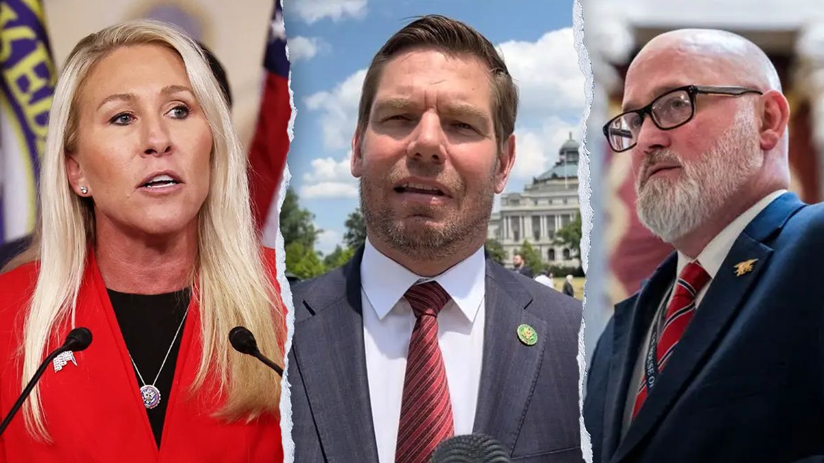 Rep. Marjorie Taylor Greene, R-Ga., Rep. Eric Swalwell, D-Calif., and Rep. Derrick Van Orden, R-Wisc.