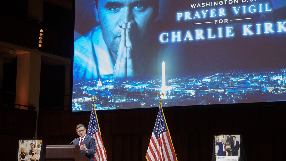 Speaker Mike Johnson delivers remarks about Charlie Kirk at memorial