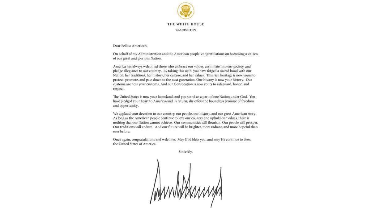 President Donald Trump's letter to new American citizens.