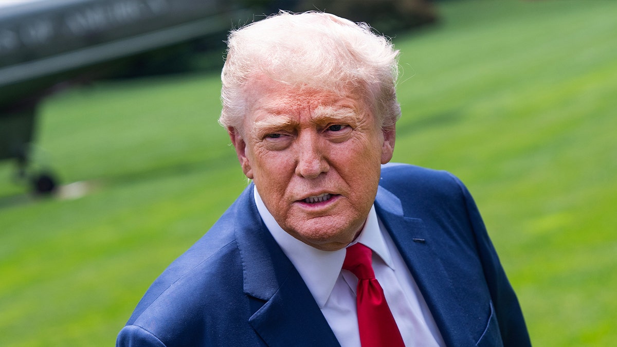 Donald Trump looking concerned on White House lawn.