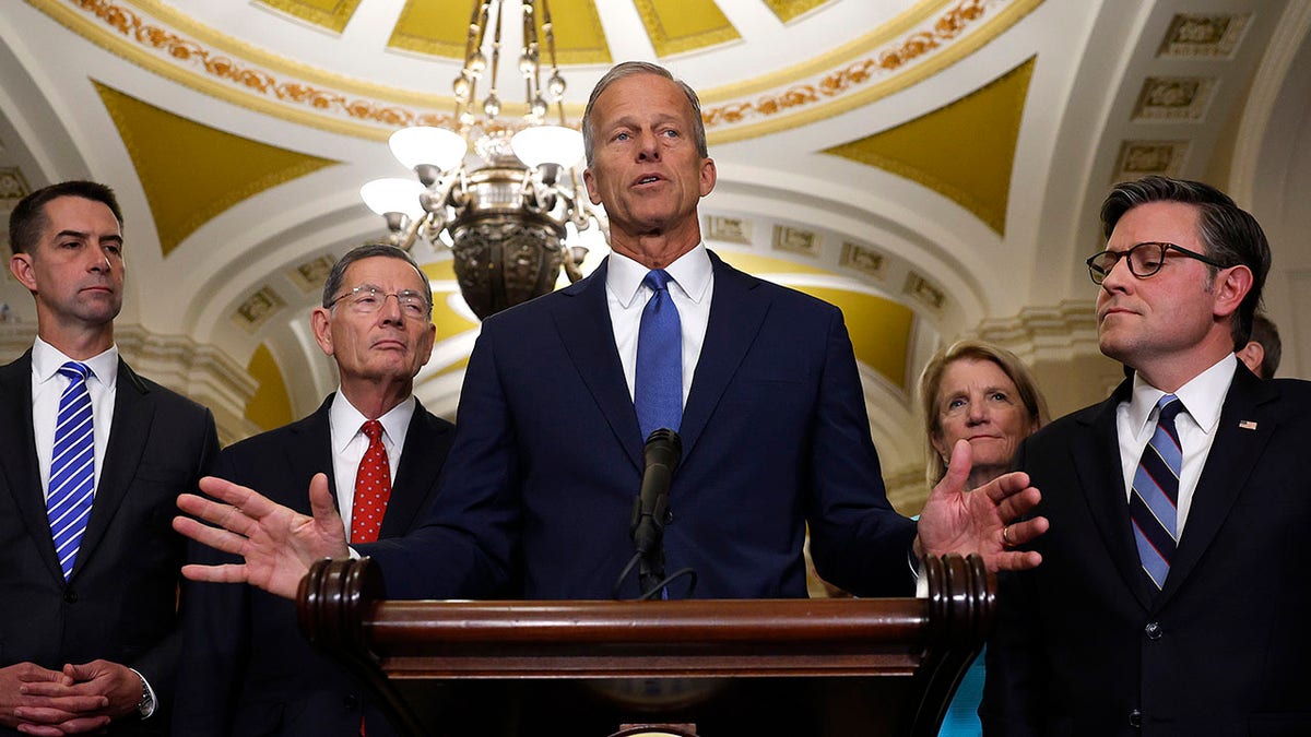 Senate Majority Leader John Thune, R-S.D., Senate Republican leadership and House Speaker Mike Johnson, R-La., speak to media