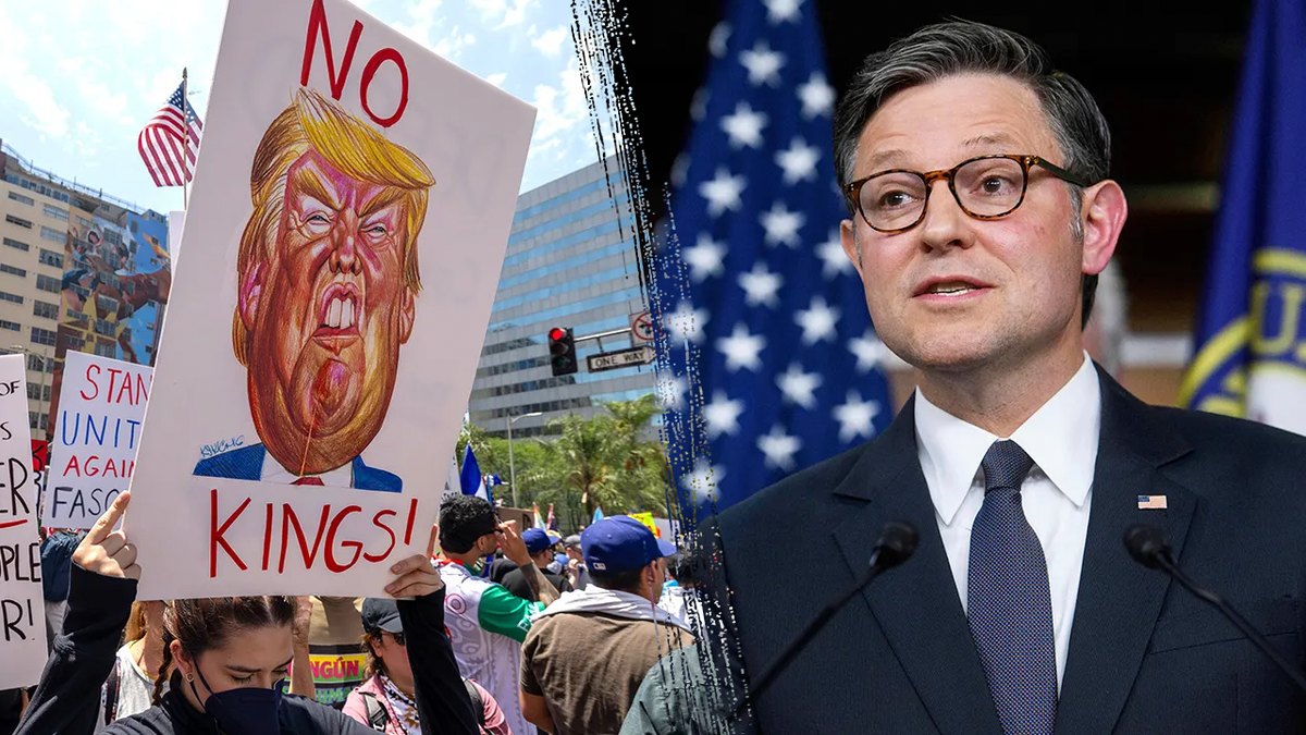 split image of Speaker Johnson next to "No Kings" sign