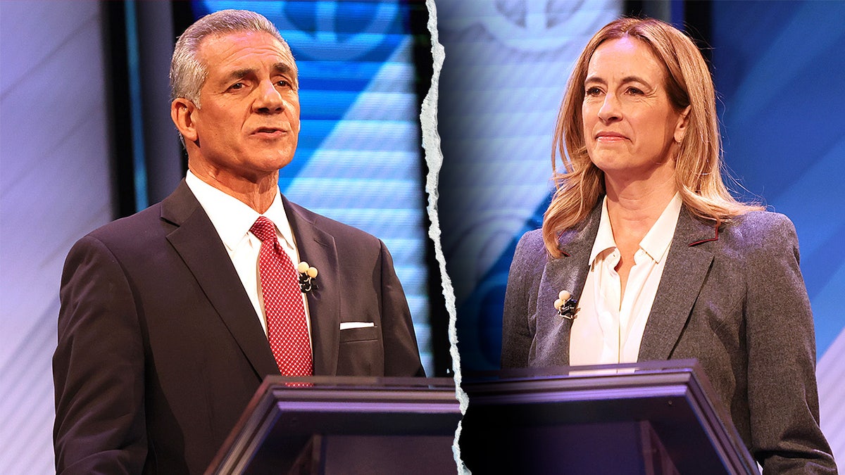 Split-screen photo of Rep. Mikie Sherrill and Jack Ciattarell at podiums