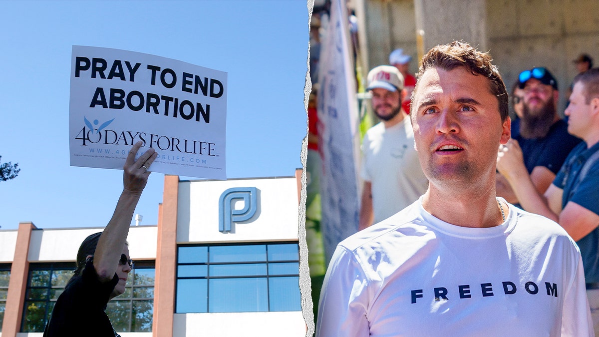 A split image shows a pro-life protester and Charlie Kirk