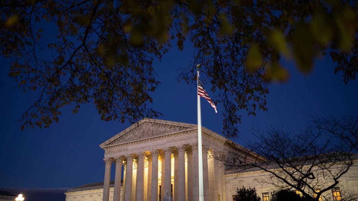 WASHINGTON, DC - NOVEMBER 29: A view of the U.S. Supreme Court at dusk on November 29, 2021 in Washington, DC. On Wednesday, the Supreme Court will hear a case concerning a Mississippi law that would ban abortions after 15 weeks of pregnancy. (Photo by Drew Angerer/Getty Images)