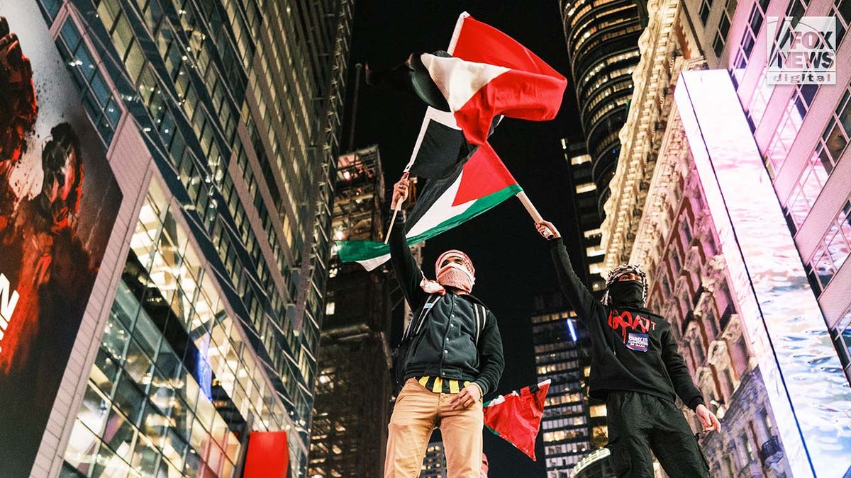 Pro-Palestine protestors wave flags throughout midtown Manhattan in New York City