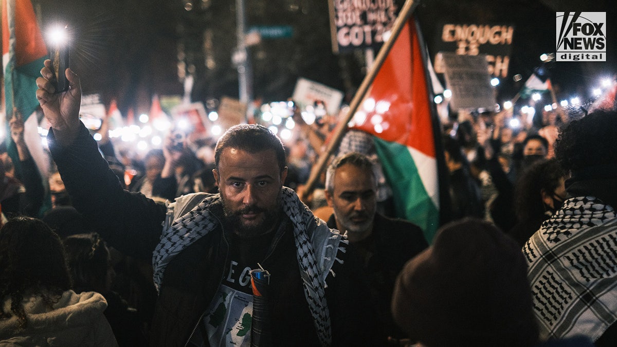 Pro-Palestine protestors make their way through Manhattan after marching across the Brooklyn Bridge