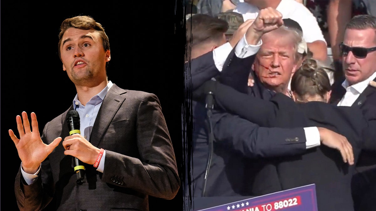 Charlie Kirk next to image of Trump after getting shot at rally