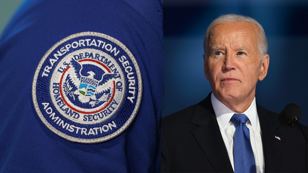 President Joe Biden pictured next to the TSA logo.