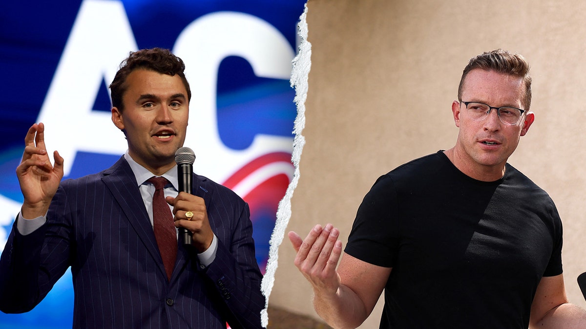 Split image of Charlie Kirk speaking and conservative influencer Benny Johnson