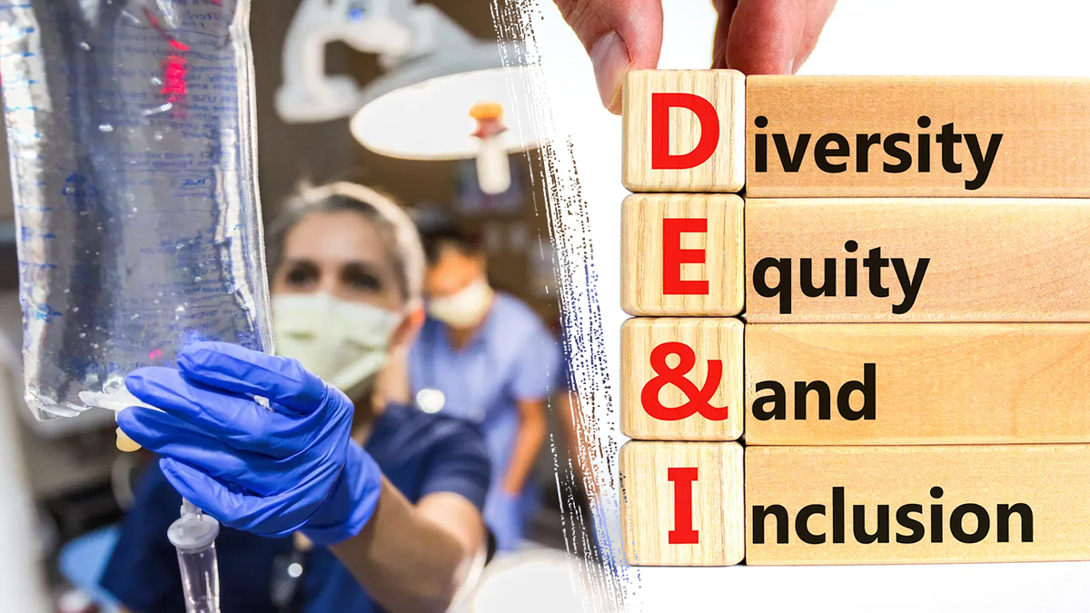 Doctor seen next to Diversity, Equity and Inclusion image