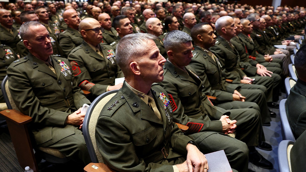 Members of the military attend a meeting convened by U.S. Defense Secretary Pete Hegseth, at Marine Corps Base Quantico