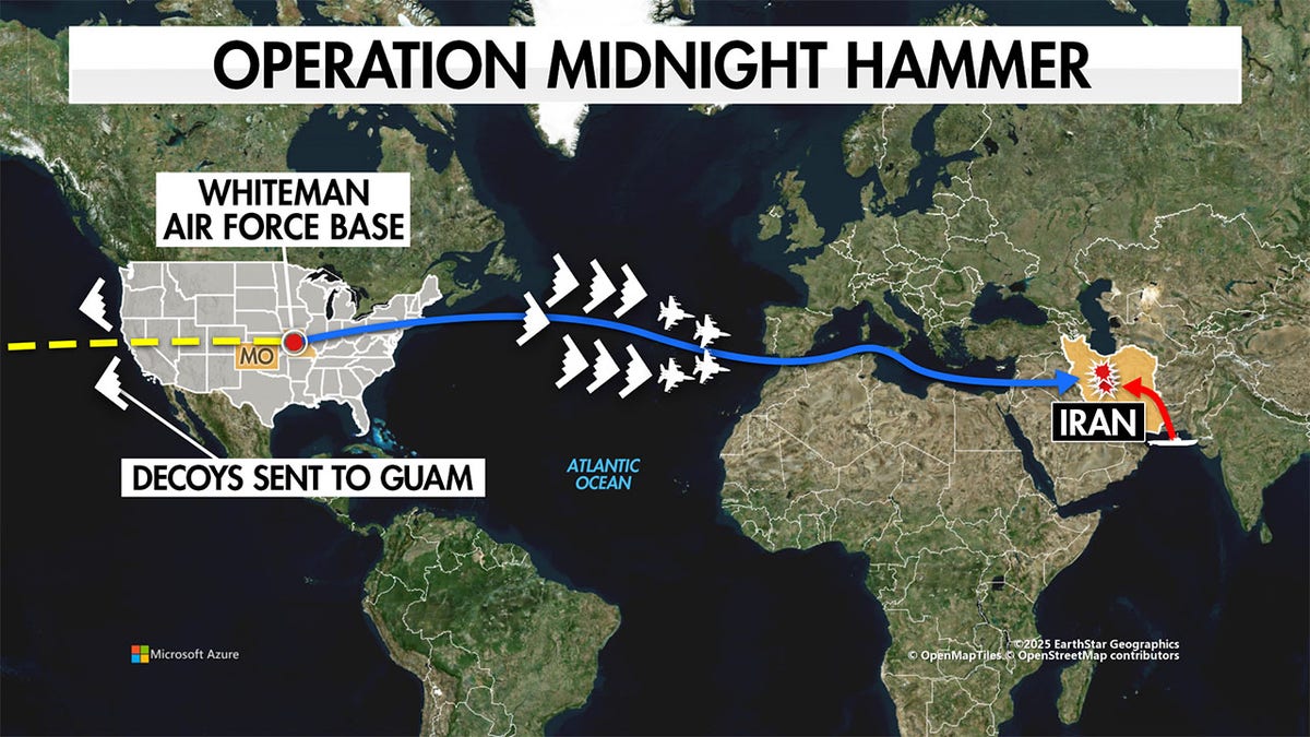 A map shows the path taken by B2 stealth bombers during Operation Midnight Hammer.
