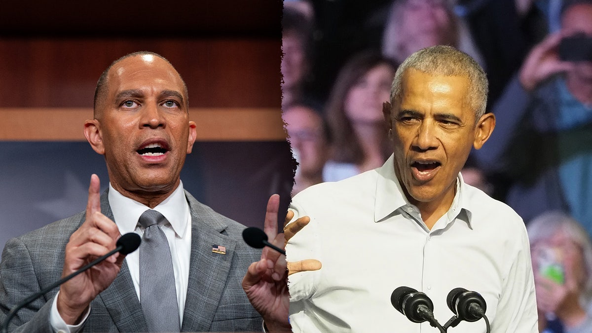 A split image of Hakeem Jeffries and Barack Obama