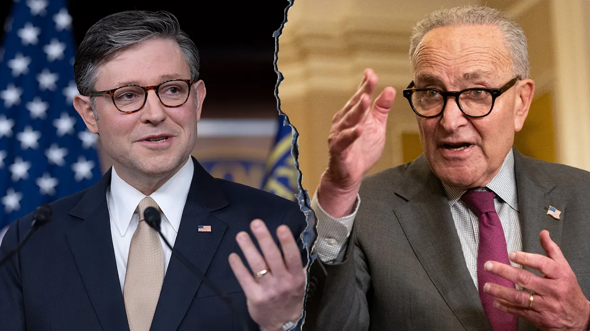 a split image of Speaker Mike Johnson and Leader Chuck Schumer