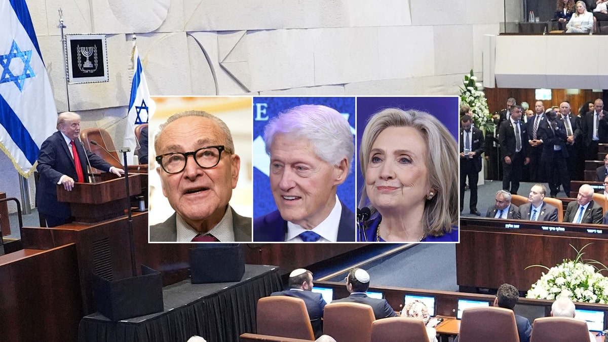Trump speaks to Knesset, alongside images of Chuck Schumer, Bill Clinton and Hillary Clinton