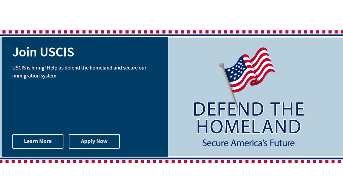 The USCIS landing page shows the application portal to join the agency.